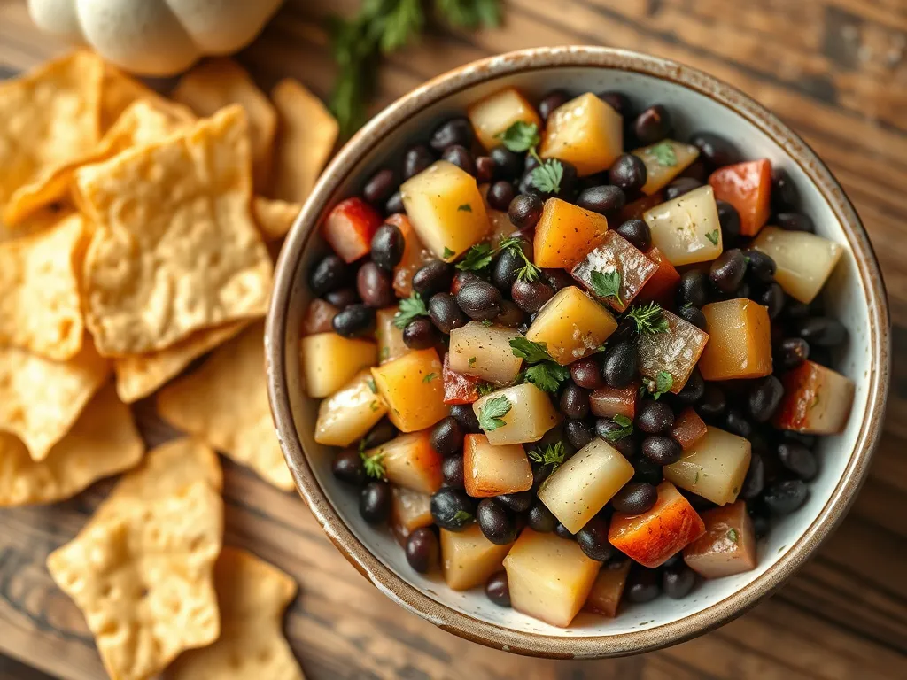 Bowl of microwave black bean salsa with diced apples, potatoes, and tortilla chips