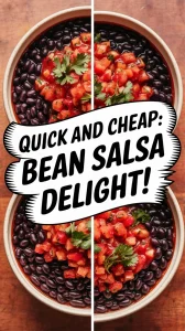 Bowl of canned black beans topped with salsa and cilantro, showcasing a cheap and easy meal option.