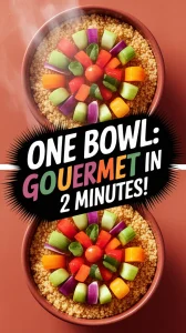 A gourmet microwave boxed couscous bowl with colorful vegetables ready in two minutes.
