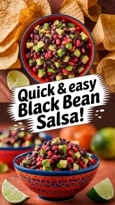 Canned black bean and avocado salsa in a colorful bowl with tortilla chips and lime