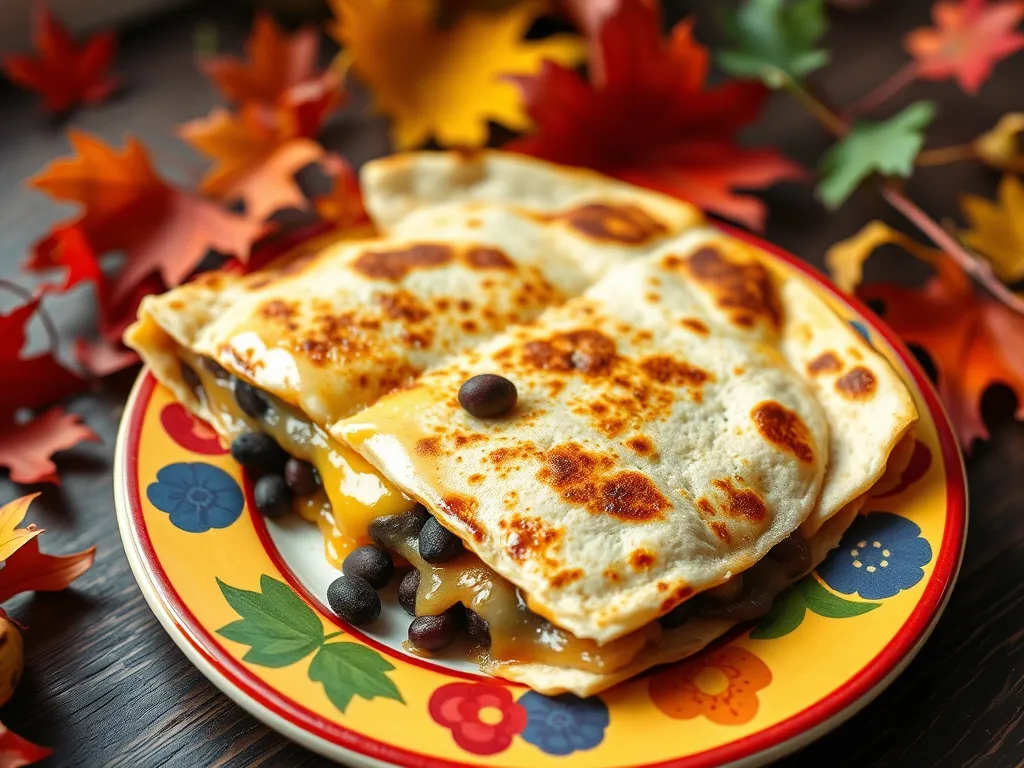 Quick and easy cheap microwave canned black bean quesadilla on a colorful plate.