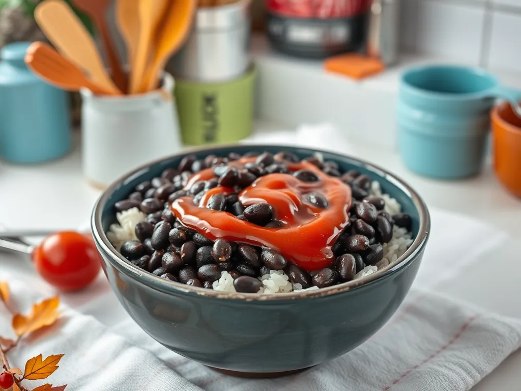 A delicious black bean and rice bowl topped with sauce, perfect for a quick meal.