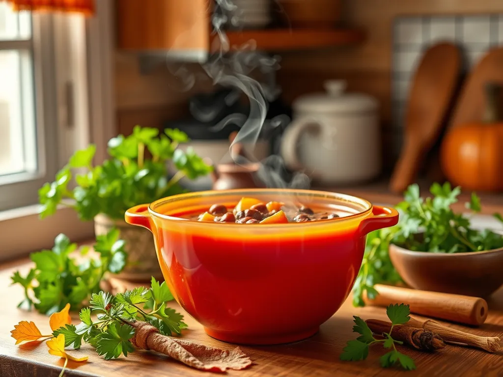 Hot and steamy canned black bean soup in a vibrant orange pot, perfect for a quick meal.