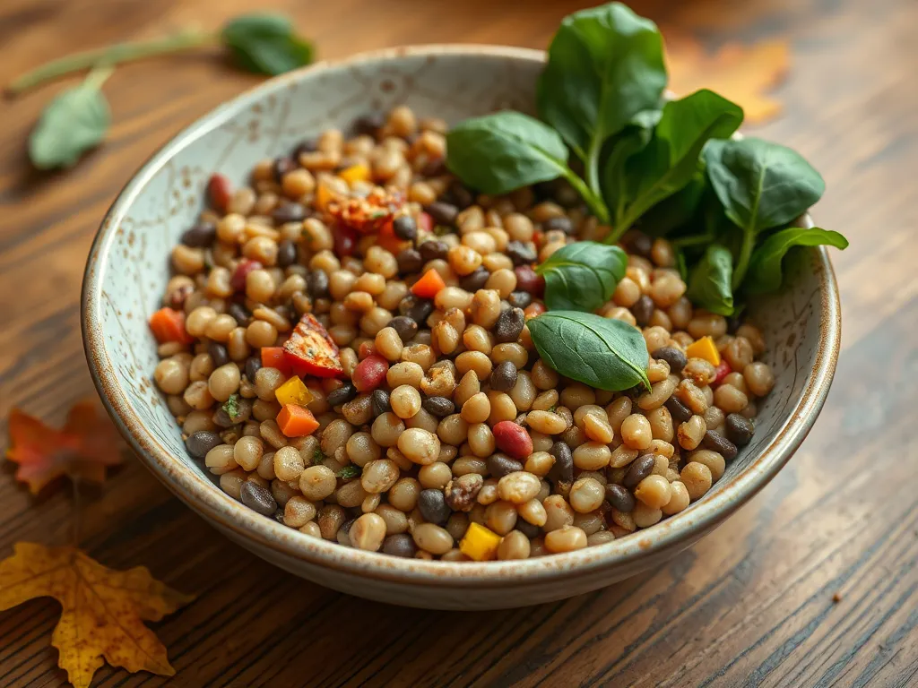 Bowl of microwave canned lentils mixed with colorful vegetables and freekeh.