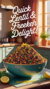 Bowl of colorful quick lentil and freekeh dish, perfect for a cheap meal.