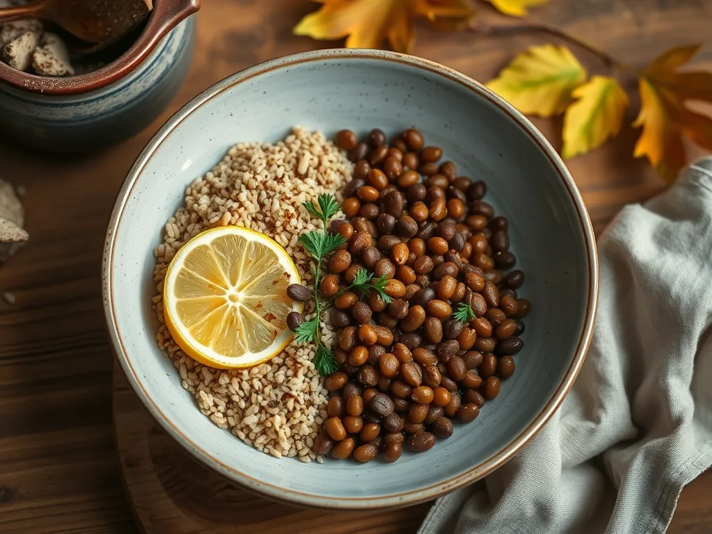 Bowl of cheap microwave canned lentils and instant farro with lemon
