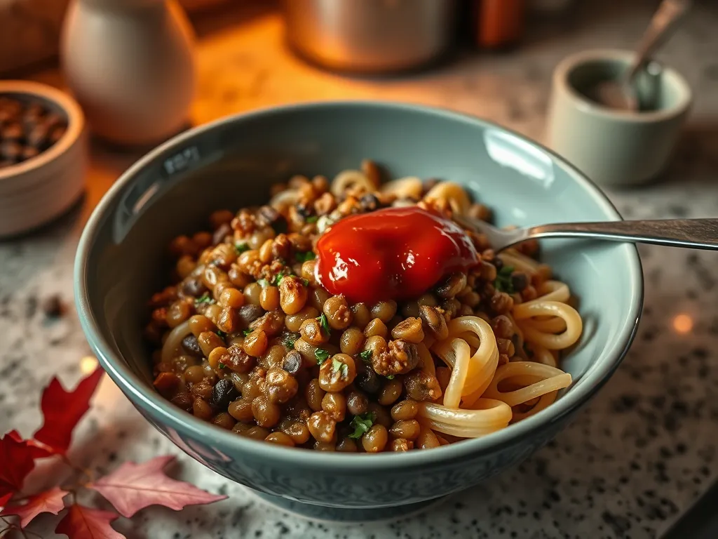 Bow of microwave canned lentil and pasta with ketchup