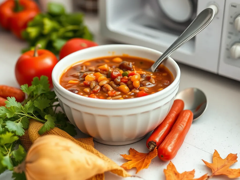 Bowl of cheap microwave canned lentil stew surrounded by fresh vegetables