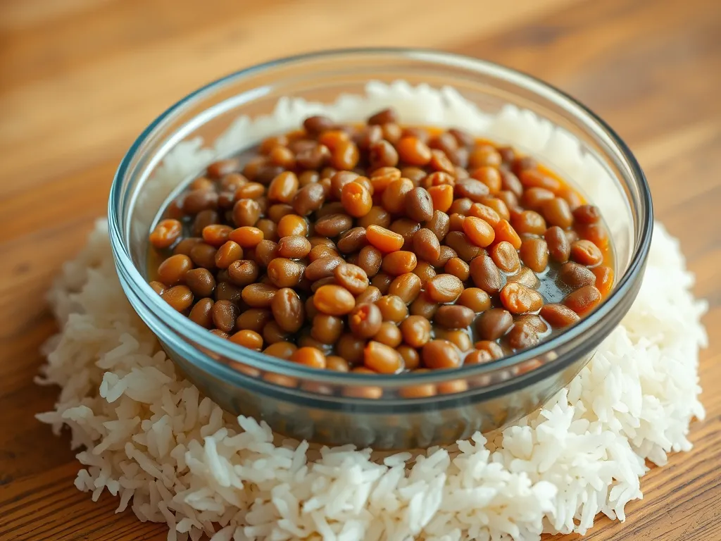 Bowl of microwave canned lentils served over rice, ideal for quick meals.