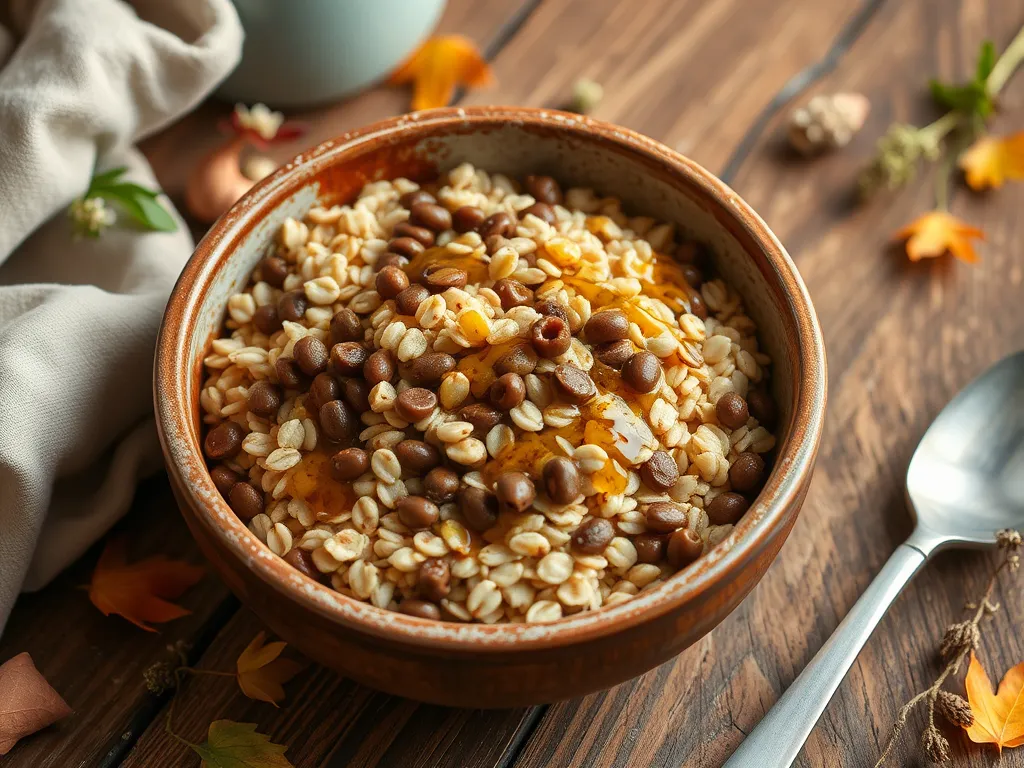 Bowl of cheap microwave canned lentils mixed with instant oat groats