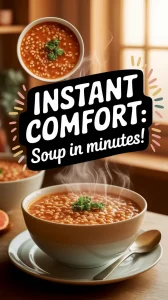 A steaming bowl of cheap microwave canned soup with instant wheat berries.