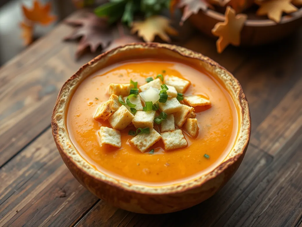 A steaming bowl of microwave canned soup served in a bread bowl topped with green onions and croutons, perfect for a quick meal.