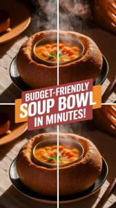 Delicious cheap microwave canned soup served in a bread bowl, perfect for a quick meal.