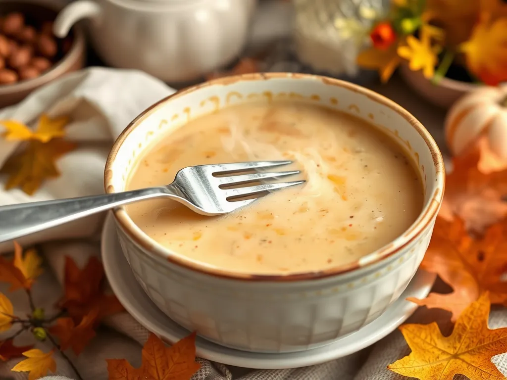 Bowl of cheap microwave canned soup with fork on the side, featuring instant freekeh.