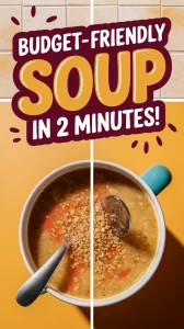 A bowl of budget-friendly microwave canned soup with instant freekeh and a spoon.