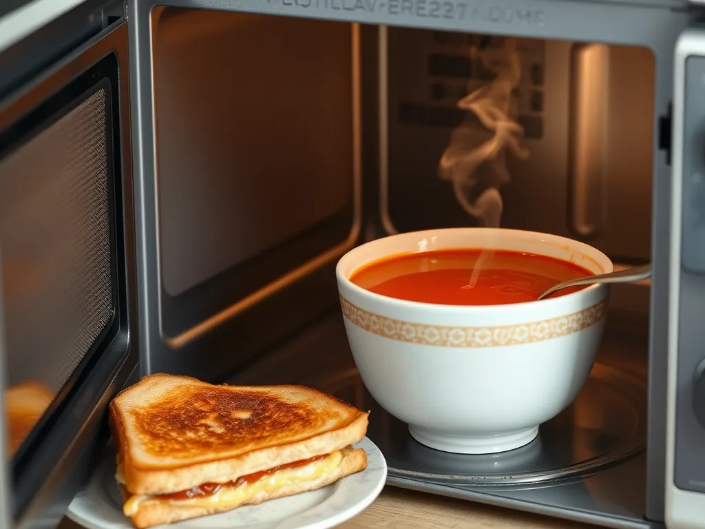 Bowl of hot canned soup and grilled cheese sandwich in a microwave