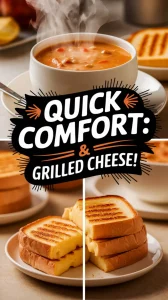 Delicious microwave canned soup served with grilled cheese sandwich