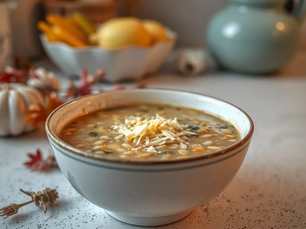 Bowl of cheap microwave canned soup with instant barley flakes topped with cheese
