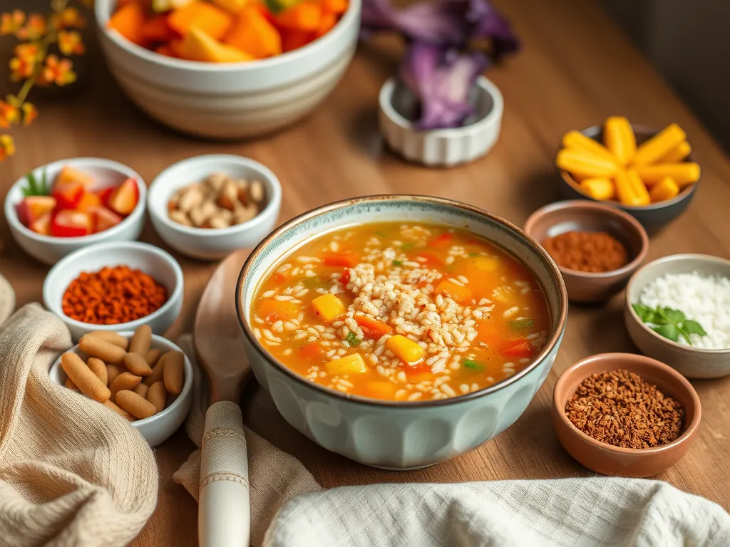Colorful bowl of cheap microwave canned soup with instant bulgur and fresh ingredients.