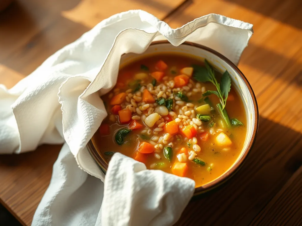 Bowl of cheap microwave canned soup with instant farro and colorful vegetables