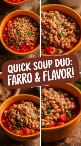 Bowl of cheap microwave canned soup with instant farro and vegetables, perfect for a quick meal.