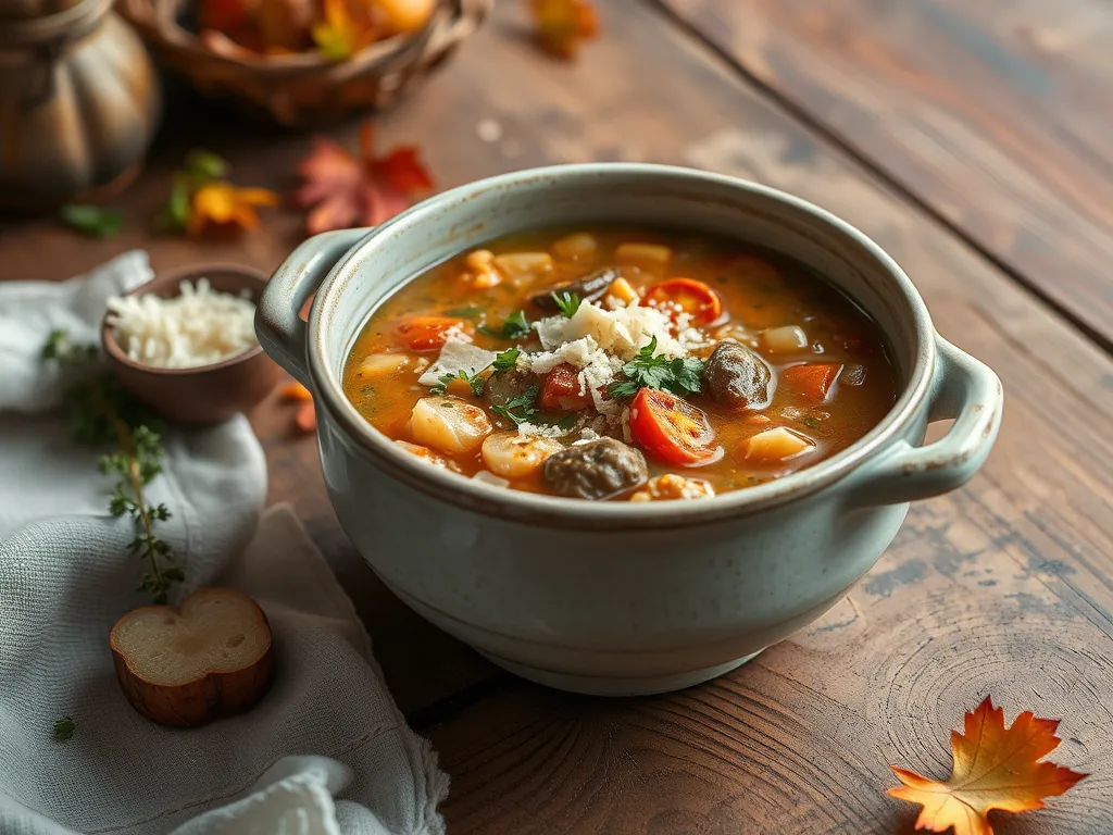 Delicious cheap microwave canned soup with instant kamut, filled with vegetables and garnished.