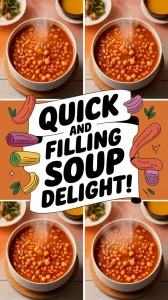 Bowl of cheap microwave canned soup with instant kamut steaming on a table