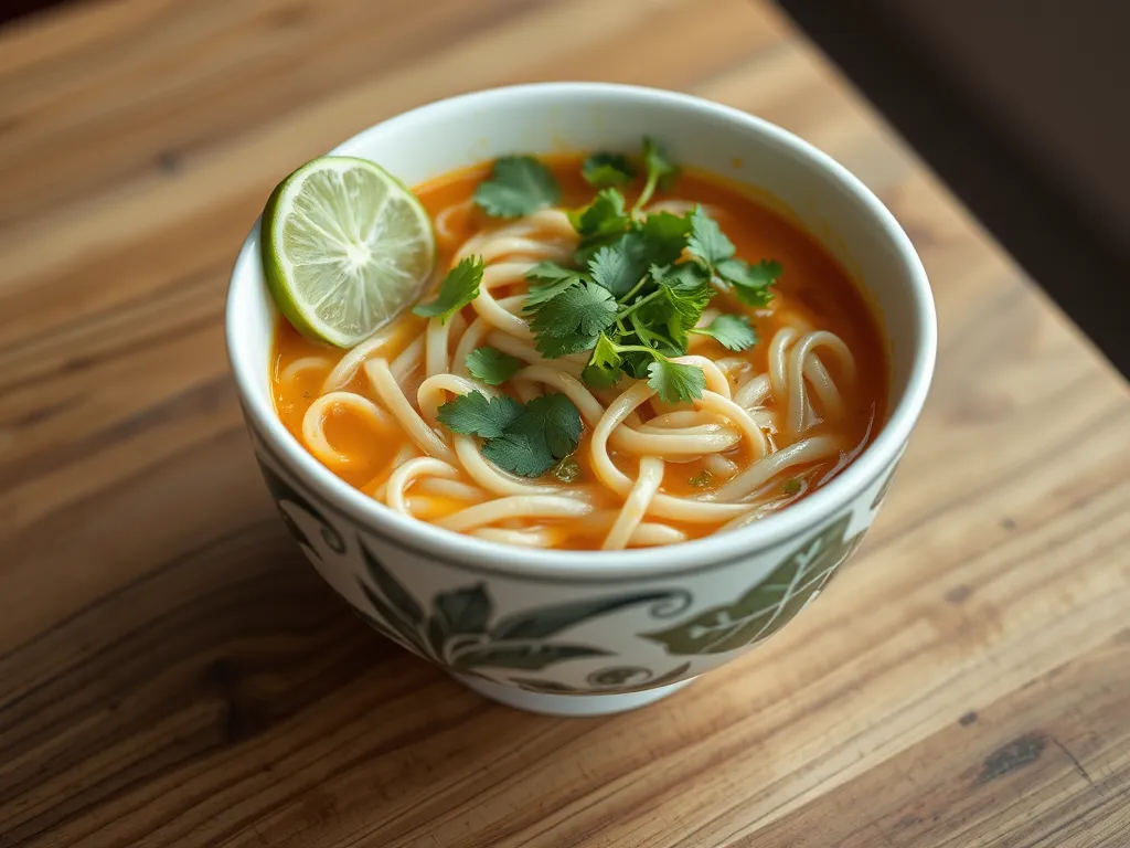 Bowl of cheap microwave canned soup with instant noodles garnished with lime and cilantro.