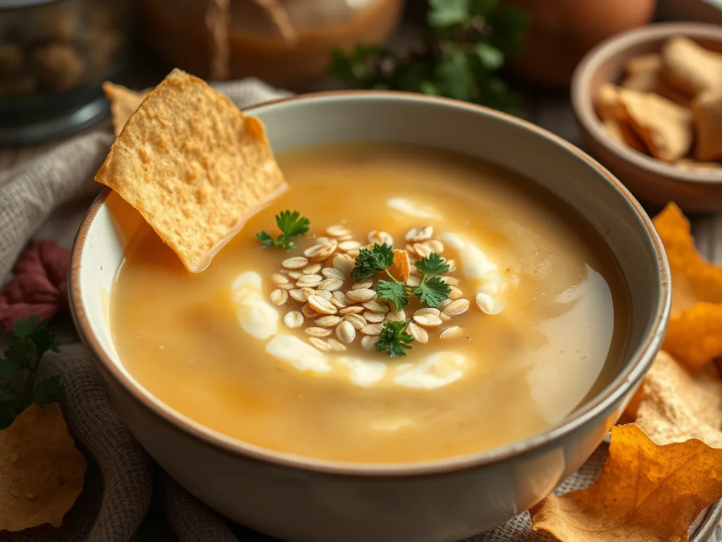 Bowl of cheap microwave canned soup with instant oat groats and garnished with herbs