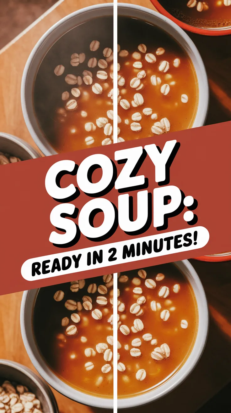 Delicious microwave canned soup topped with instant oat groats for a quick meal.