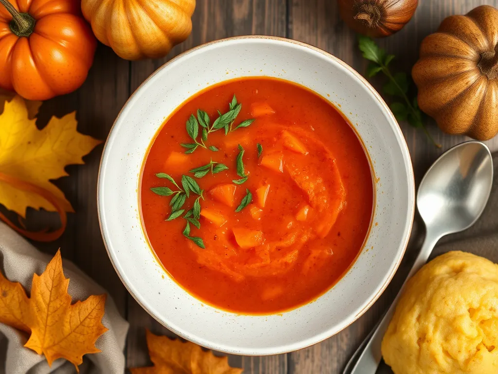 Bowl of cheap microwave canned soup with instant polenta and garnished herbs.