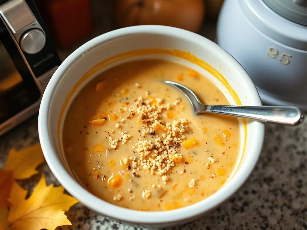 Bowl of cheap microwave canned soup topped with instant quinoa flakes, perfect for a quick meal.