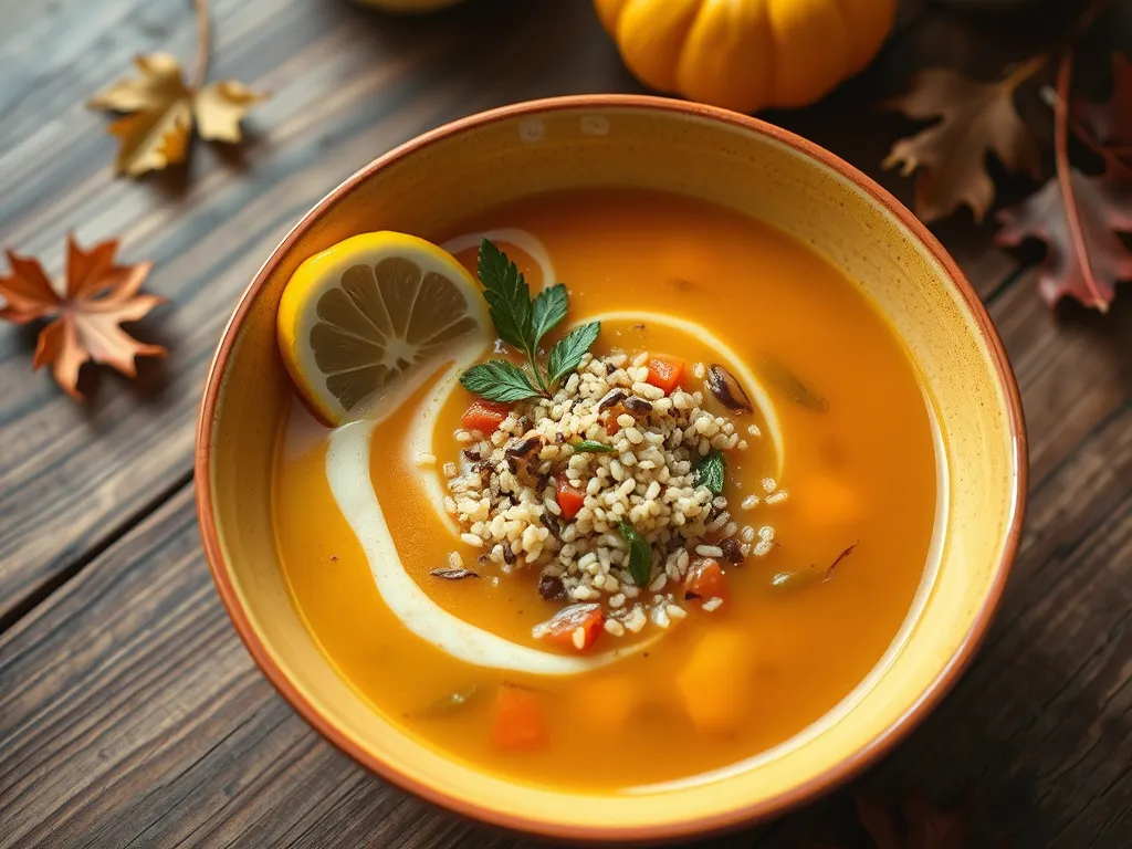 Bowl of cheap microwave canned soup with instant quinoa, lemon, and fresh herbs.