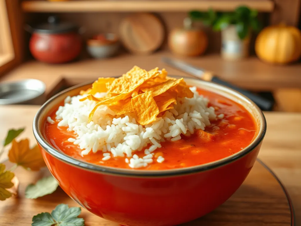 A bowl of cheap microwave canned soup topped with instant rice