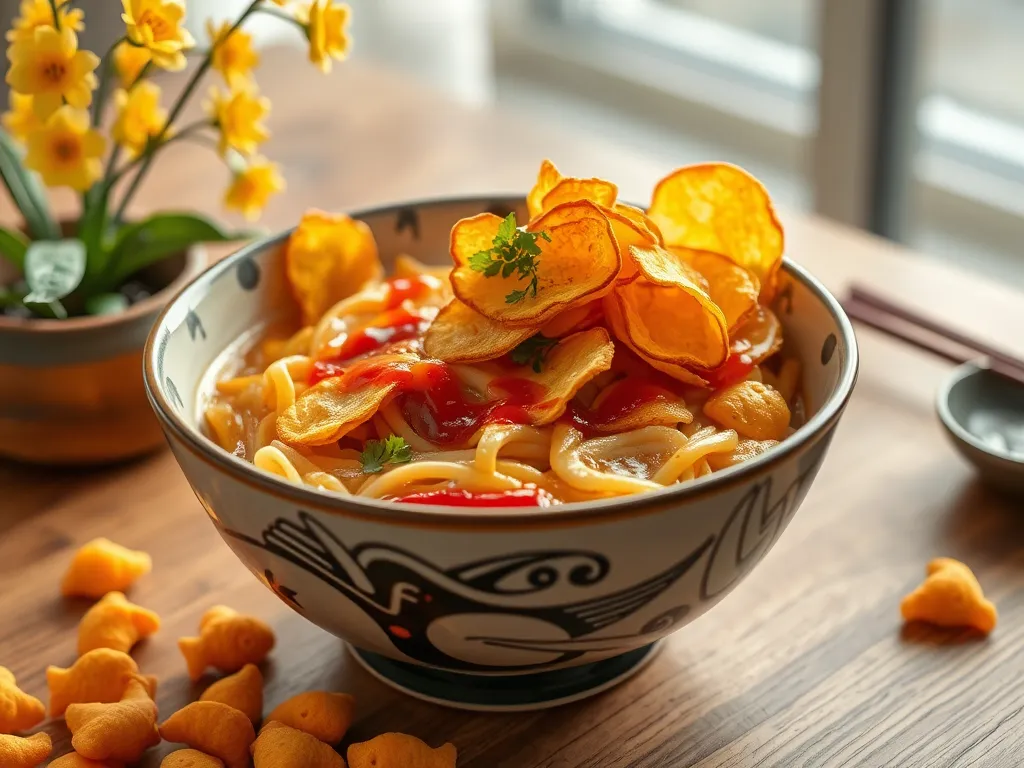 Bowl of cheap microwave canned soup with instant rice noodles topped with chips and garnish
