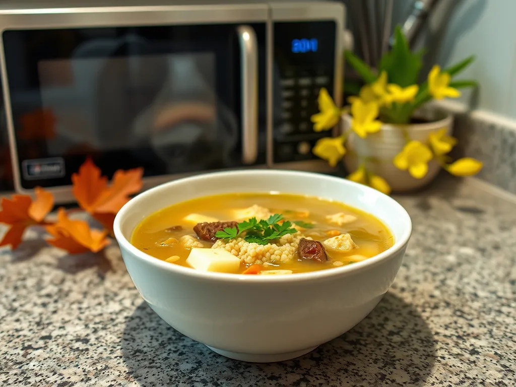 Bowl of microwave canned soup with instant sorghum and vegetables