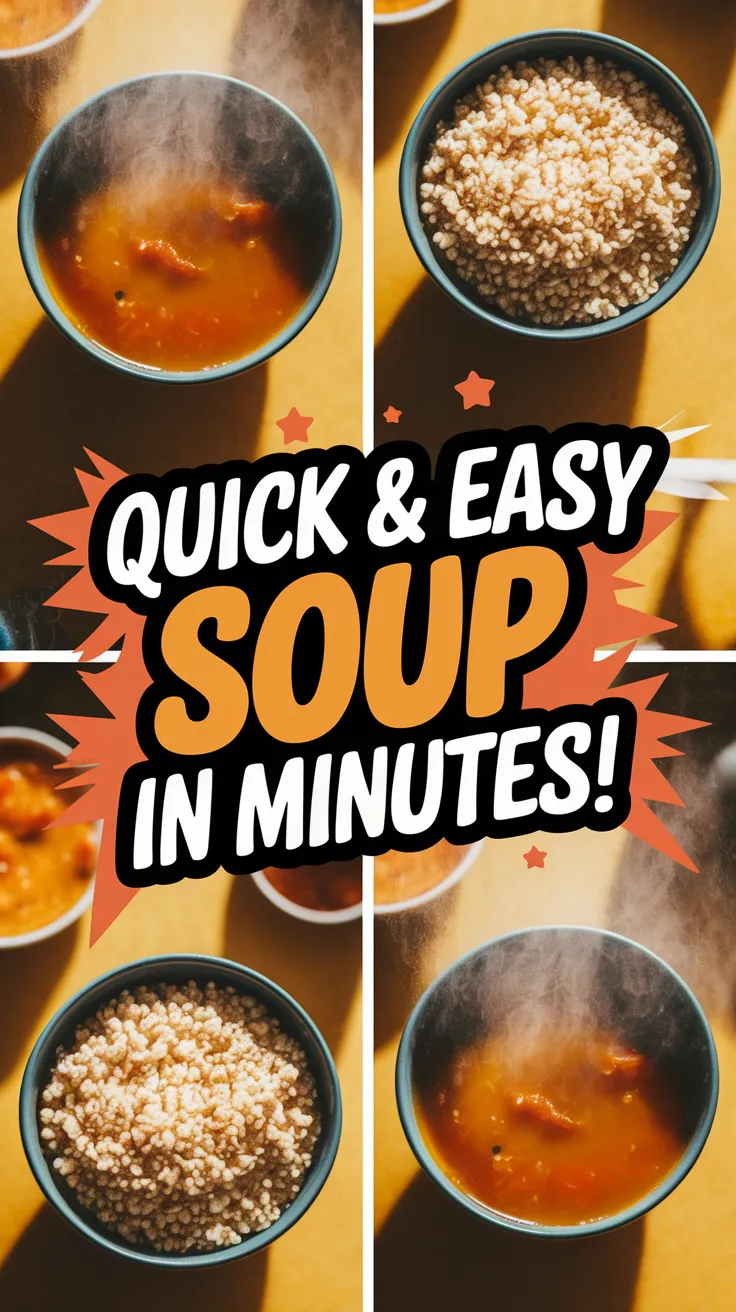 Bowl of cheap microwave canned soup with instant sorghum, showing steam and texture.