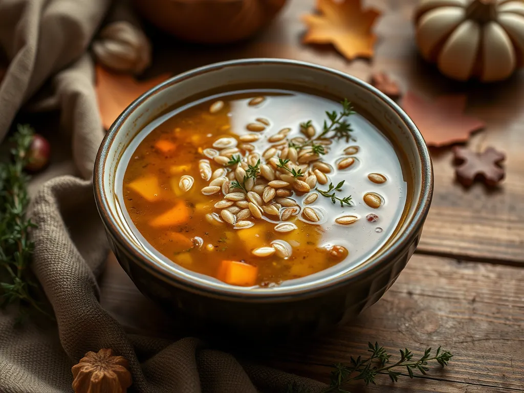 Bowl of cheap microwave canned soup with instant spelt and vegetables