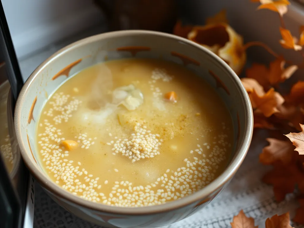 Bowl of cheap microwave canned soup made with instant teff, garnished with sesame seeds.