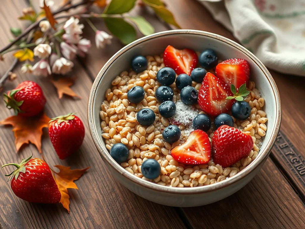 Bowl of instant wheat berries topped with strawberries and blueberries beside fresh strawberries, related to cheap microwave canned soup.