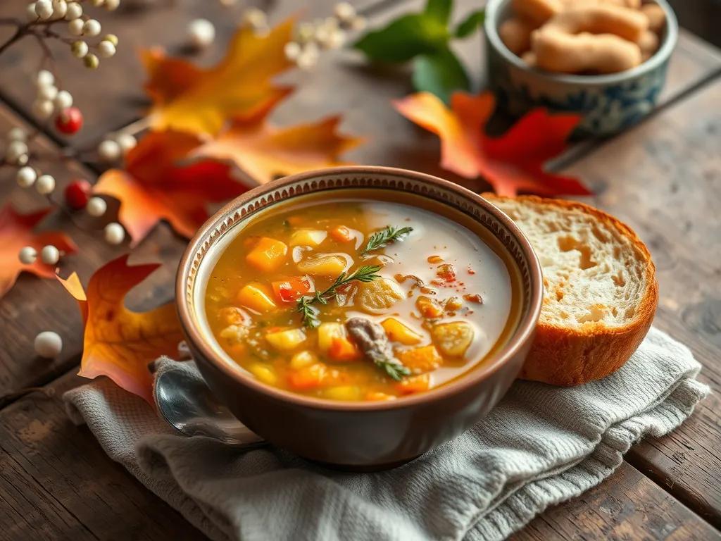 Bowl of cheap microwave canned soup with toast on a wooden table, perfect for a quick meal.