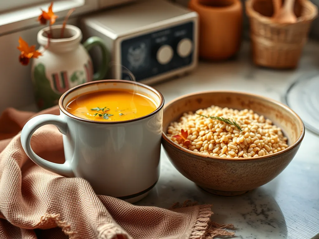 A bowl of instant buckwheat next to a steaming cup of cheap microwave canned soup