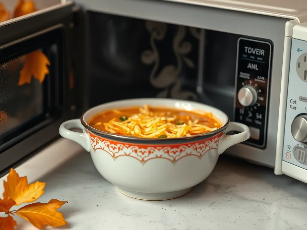 A bowl of steaming microwave canned soup with cheese inside a microwave.