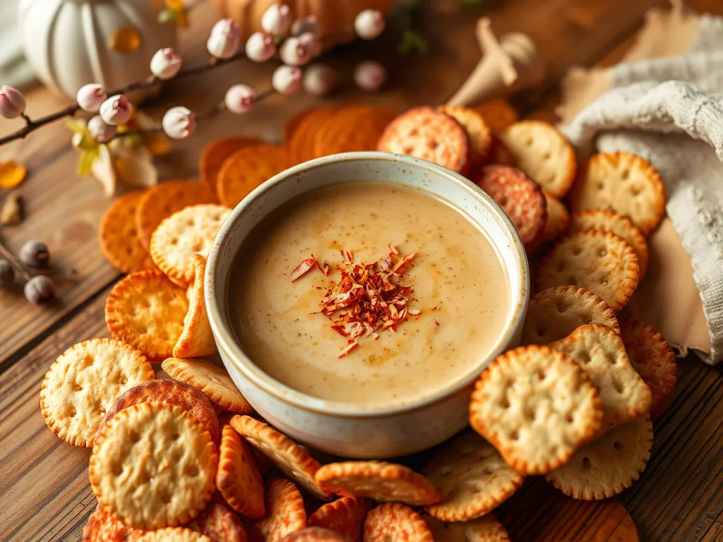 Bowl of cheap microwave canned soup surrounded by crackers, perfect for a quick meal.