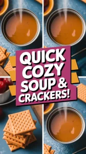 A steaming bowl of microwave canned soup served with crackers, perfect for a quick meal.