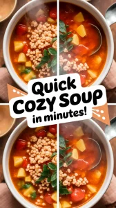 Delicious microwave canned soup with instant barley flakes and vegetables
