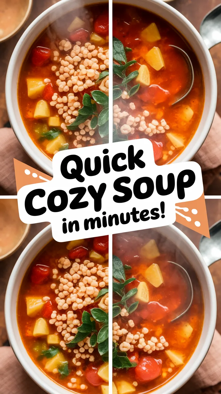 Delicious microwave canned soup with instant barley flakes and vegetables