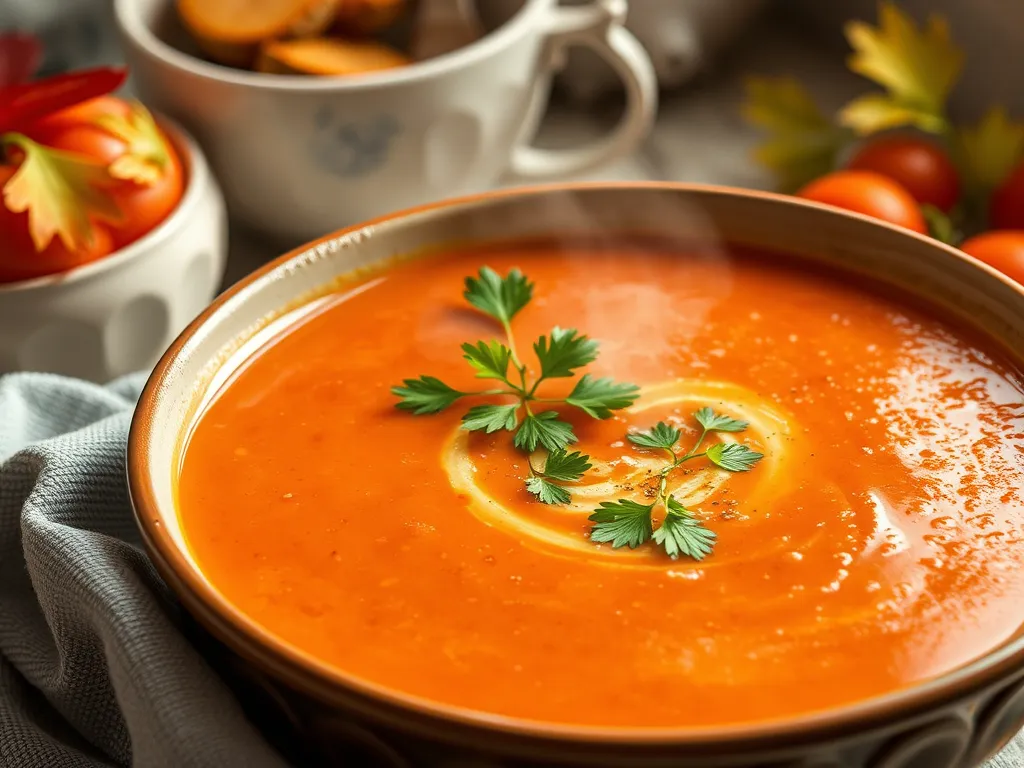 Hot and savory microwave canned soup with instant ramen, garnished with fresh herbs.