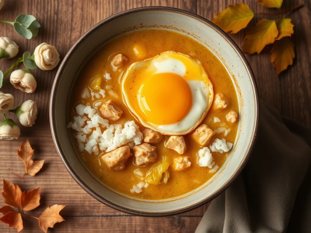Bowl of microwave canned soup with rice topped with an egg