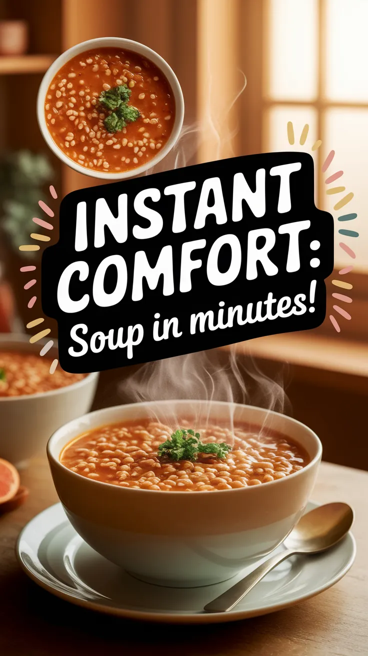 A steaming bowl of cheap microwave canned soup with instant wheat berries.